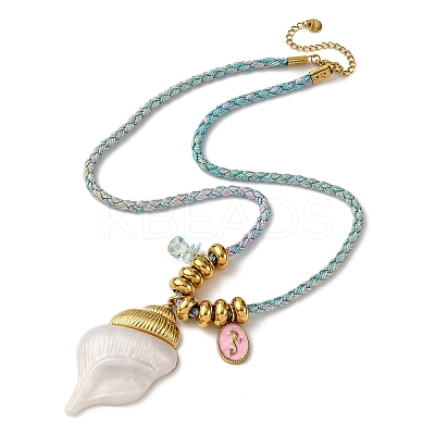304 Stainless Steel Enamel & Natural Shell Pendant Cord Necklaces NJEW-L465-09G-02-1