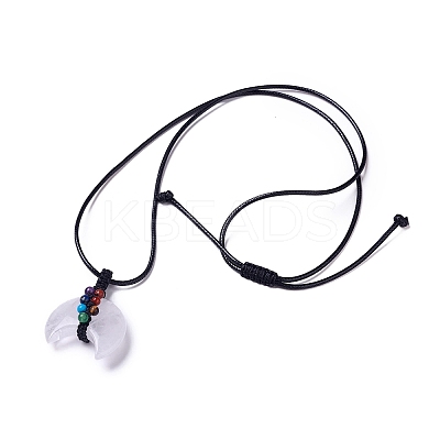 Adjustable Natural Quartz Crystal Double Horn Pendant Necklace with Wax Cord for Women NJEW-B086-01C-1