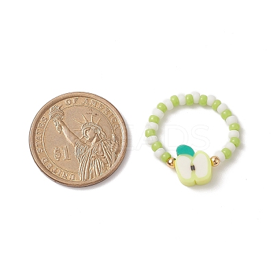 6Pcs 6 Style Strawberry & Watermelon & Kiwi & Apple & Lemon Polymer Clay & Glass Seed Stretch Rings Set RJEW-TA00070-1
