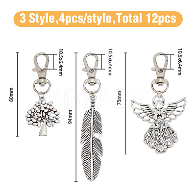 12Pcs 3 Style Tibetan Style Alloy Keychain HJEW-HY0001-03-1