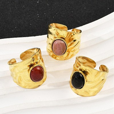 316 Stainless Steel with Natural Mixed Gemstone Cuff Rings RJEW-Z098-01G-16-1
