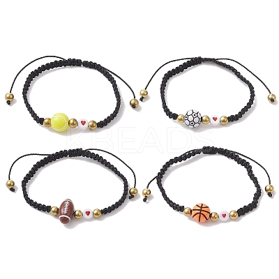 4Pcs 4 Style Sport Theme Acylic & Alloy Braided Bead Bracelets Set BJEW-JB10122-1