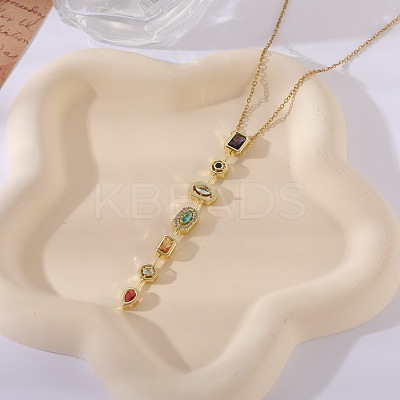 304 Stainless Steel Pave Cubic Zirconia Rectangle Oval Drop Pendant Long Tassel Necklaces FS-WGDB594-01-1