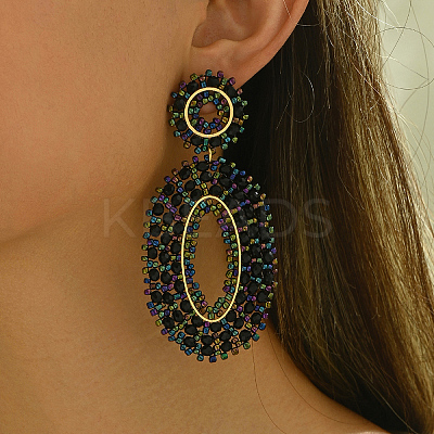 201 Stainless Steel Bohemian Oval Vintage Long Stud Earrings HB4853-2-1