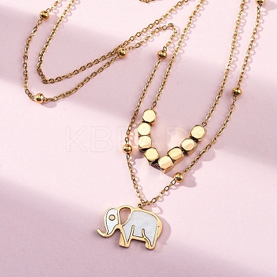304 Stainless Steel Pave Natural White Shell Elephant Pendant Double Layer Necklaces NJEW-R026-06G-1