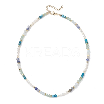 Natural Aquamarine & Sodalite & Green Aventurine Round Cube and Natural Pearl Rice Beaded Necklaces NJEW-JN05868-01-1