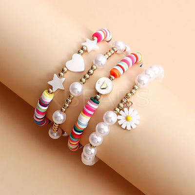 Colorful Soft Polymer Clay Shell & Imitation Pearl Beaded Stretch Bracelet Set TM4974-1