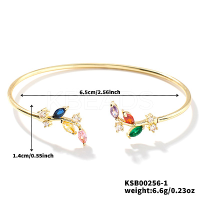 Elegant Brass Cubic Zirconia Leaf Cuff Bangles for Women VL7639-1-1