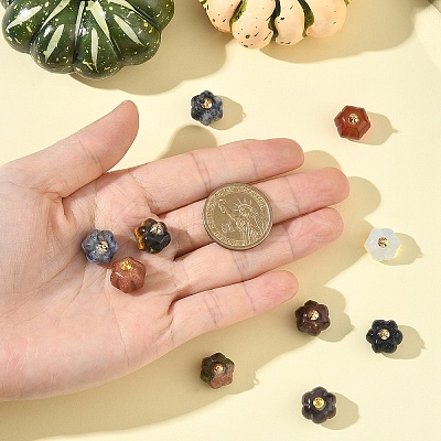 10Pcs Natural & Synthetic Mixed Gemstone Pumpkin Charms with Golden Tone Brass Bails G-YW0002-45-1