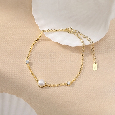 Natural Freshwater Pearls and Cubic Zirconia Link Bracelets BJEW-D343-01G-1
