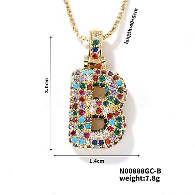 Brass Pave Colorful Cubic Zirconia Letter Pendant Box Chain Necklaces NU0575-2-1