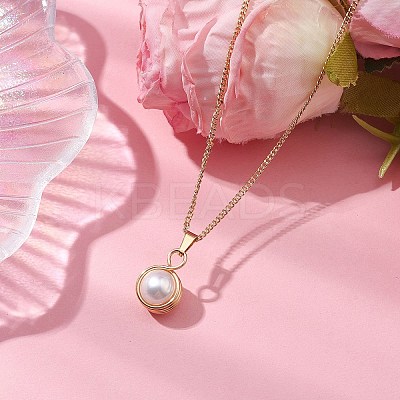 Round Natural Freshwater Pearl Copper Wire Wrapped Pendant Necklaces NJEW-JN04947-01-1