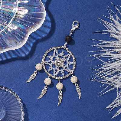 Woven Web/Net with Feather Glass Seed Beads Pendant Decorations HJEW-MZ00074-02-1