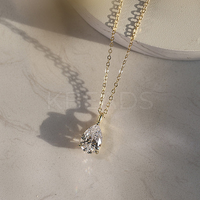 925 Sterling Silver Pave Clear Cubic Zirconia Teardrop Pendant Necklaces NJEW-G172-01G-1