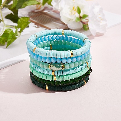 7Pcs 7 Style Handmade Polymer Clay Heishi Surfer Stretch Bracelets Set BJEW-SW00073-07-1