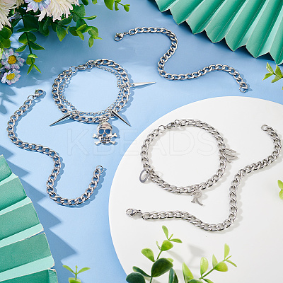 10Pcs Unisex 304 Stainless Steel Curb Chain/Twisted Chain Bracelets Set STAS-UN0048-40-1