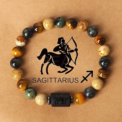 Twelve Constellations Natural Tiger Eye & Picture Jasper & Rhyolite Jasper Round & Column Beaded Stretch Bracelets for Women Men WG6FA5D-11-1