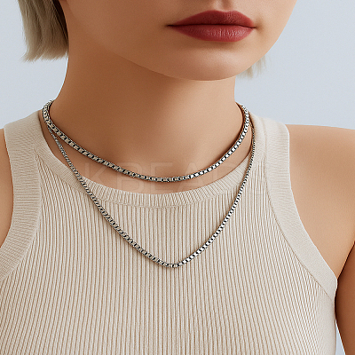 2Pcs 2 Styles 304 Stainless Steel Box Chain Necklaces NJEW-LP0003-30-1