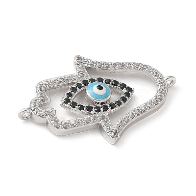 Brass Micro Pave Cleear & Black Cubic Zirconia Evil Eye Hamsa Hand Connector Charms KK-C086-15A-P01-1