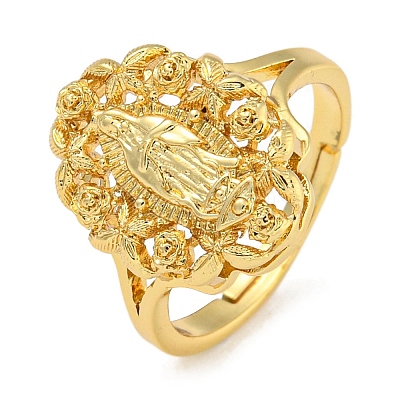 Oval with Saint Rack Plating Brass Adjustable Rings for Women RJEW-I105-03G-01-1