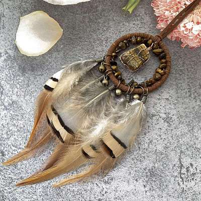 Irregular Nugget Woven Net/Web with Feather Pendant Decoration PW-WG89B61-02-1