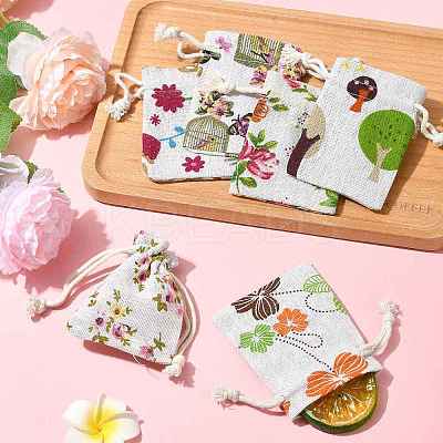 24Pcs 6 Colors Floral Animal Printed Burlap Packing Pouches ABAG-FS0001-13-1