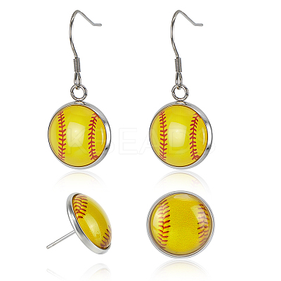 10 Pairs 2 Styles Baseball Stainless Steel Glass Dangle Earring & Stud Earring Sets EJEW-ME0001-17-1
