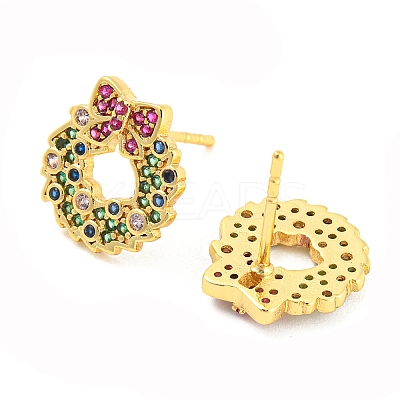 Rack Plating Brass Cubic Zirconia Christmas Wreath Stud Earrings EJEW-K245-48G-1