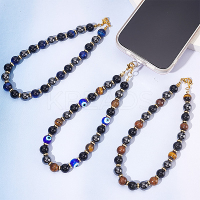 Round Gemstone & Evil Eye Lampwork Beaded Chain Mobile Straps HJEW-AB00365-1