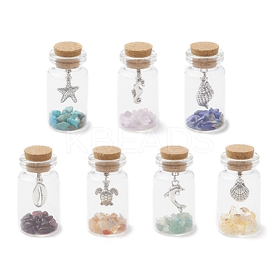 7Pcs Natural Lapis Lazuli/Amethyst/Carnelian/Citrine/Garnet/Green Aventurine  Chip & Alloy Pendants Healing Crystals Wishing Bottles AJEW-JD00019-1