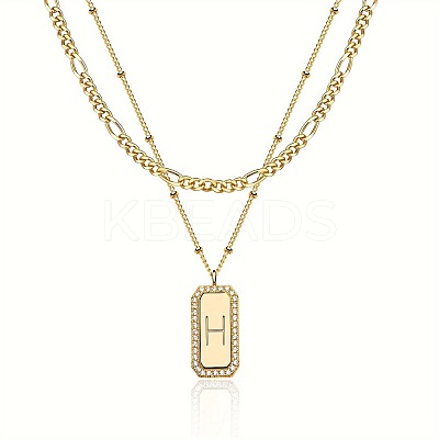 Brass Micro Pave Clear Cubic Zirconia Rectangle with Initial Pendant Double Layer Necklaces for Women FS-WG478B5-08-1