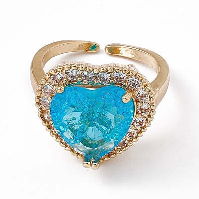 Deep Sky Blue Glass Heart Open Cuff Ring with Cubic Zirconia RJEW-J017-VC501-1