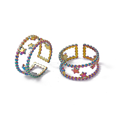 Ion Plating(IP) 304 Stainless Steel Stars Double Line Open Cuff Ring for Women RJEW-C045-24M-1