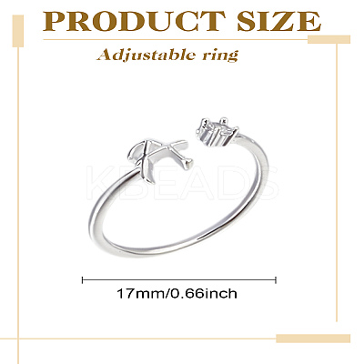 1Pc Letter Brass Rhinestone Open Cuff Rings for Women AJEW-LP0004-47A-S-1