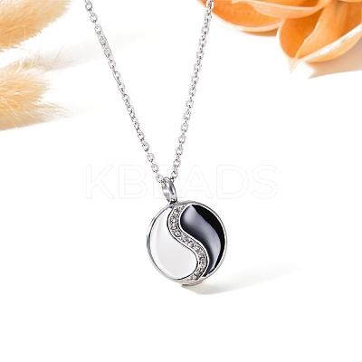 Women's 304 Stainless Steel Rhinestones Flat Round with Yin-yang Memorial Urn Necklace for Ashes PW-WG1E4F5-01-1