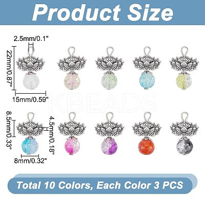30Pcs 10 Color Zinc Alloy Lotus with Crackle Glass Round Beads Pendant FIND-AR0003-71-1