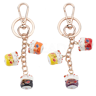 2Pcs 2 Colors Maneki Neko Lucky Cat Porcelain Pendant Keychain KEYC-OC0001-42B-1