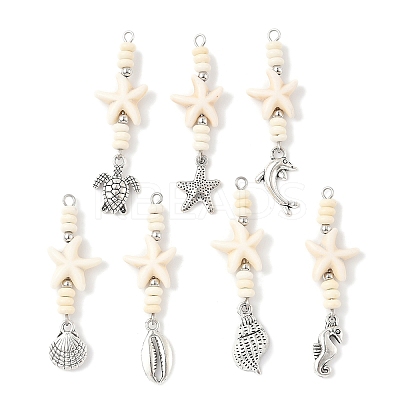 7Pcs 7 Styles Ocean Alloy & Starfish Rondelle Synthetic Turquoise Beaded Big Pendants PALLOY-JF04012-1