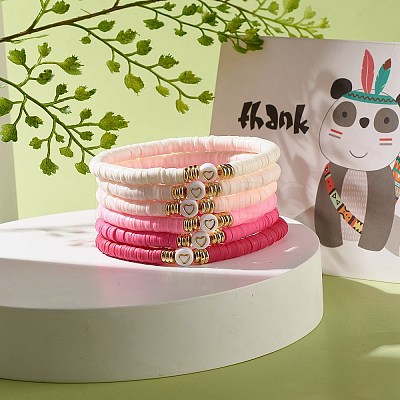 Handmade Polymer Clay Heishi Beads Stretch Bracelets Set with Heart Pattern Beads for Women BJEW-JB07449-1