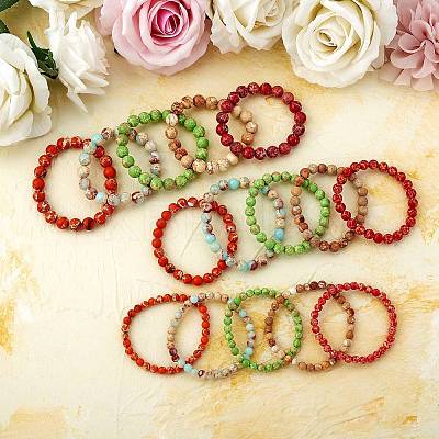 3Pcs 3 Size Synthetic Imperial Jasper Round Beaded Stretch Bracelets Set BJEW-SW00064-28-1