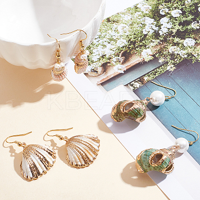 3 pairs 3 style Natural Shell Dangle Earrings with Plastic Pearl Beaded EJEW-AN0003-49-1