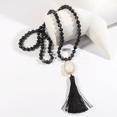 Bohemian Oval Natural Druzy Agate Tassel Pendant Necklaces FS-WGAFDEB-02-1