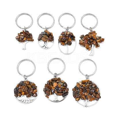 Natural Tiger Eye Chip & Alloy Tree of Life Pendant Keychain KEYC-JKC00648-07-1
