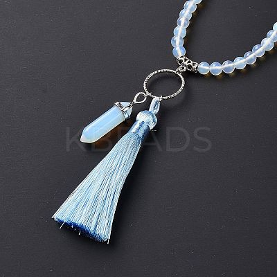 Opalite Bullet & Tassel Pendant Necklace with Mixed Gemstone Beaded Chains NJEW-E585-02F-1