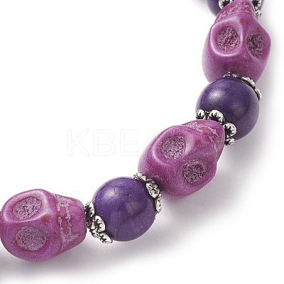 Halloween Dyed Synthetic Turquoise Skull & Round Beaded Stretch Bracelets for Men Women BJEW-JB12255-03-1