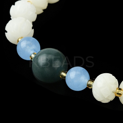 Dyed Bodhi Wood & Natural Agate Beaded Stretch Bracelet with Lotus Charms for Women BJEW-R310-01-1