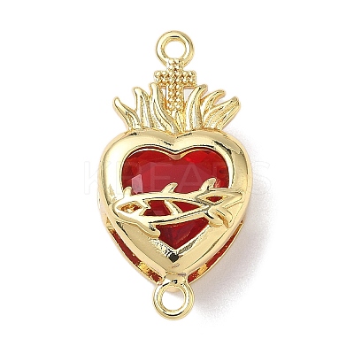 Brass with Glass Dark Red Sacred Heart Connector Charms KK-L253-27G-04-1