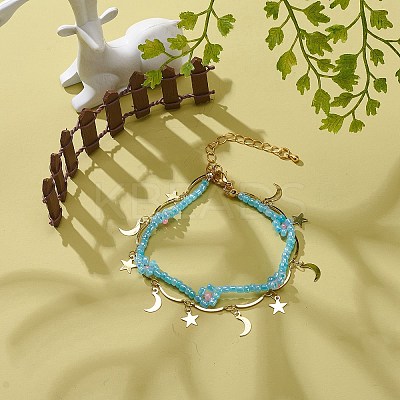 Brass Moon and Star Charms & Seed Flower Double Layer Multi-strand Bracelet for Women BJEW-JB08849-1