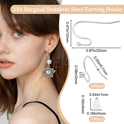 300Pcs 316 Surgical Stainless Steel Earring Hooks STAS-BBC0006-24-1