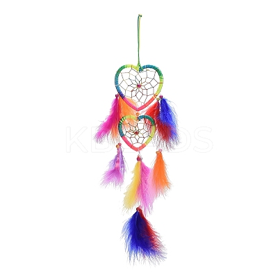 Feather Double Heart Woven Net/Web with Beaded Wind Chimes HEAR-PW0001-169-1